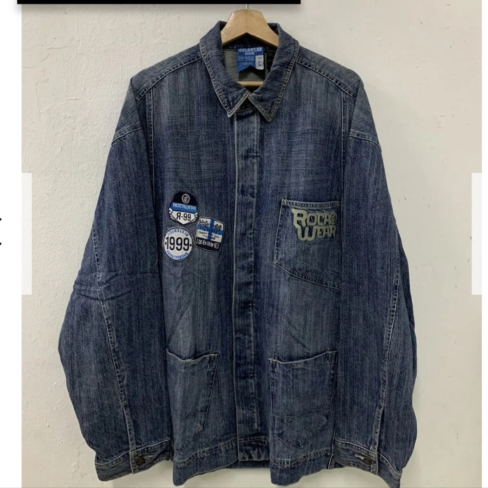 ROCA WEAR ~ RARE vintage Men’s XL DENIM Blue Medium WASH JACKET COAT Embroidery